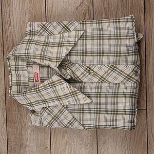 LEVIS Snap Buttons White Green Plaid Mens L Short Sleeve Button Up Shirt VTG 70s